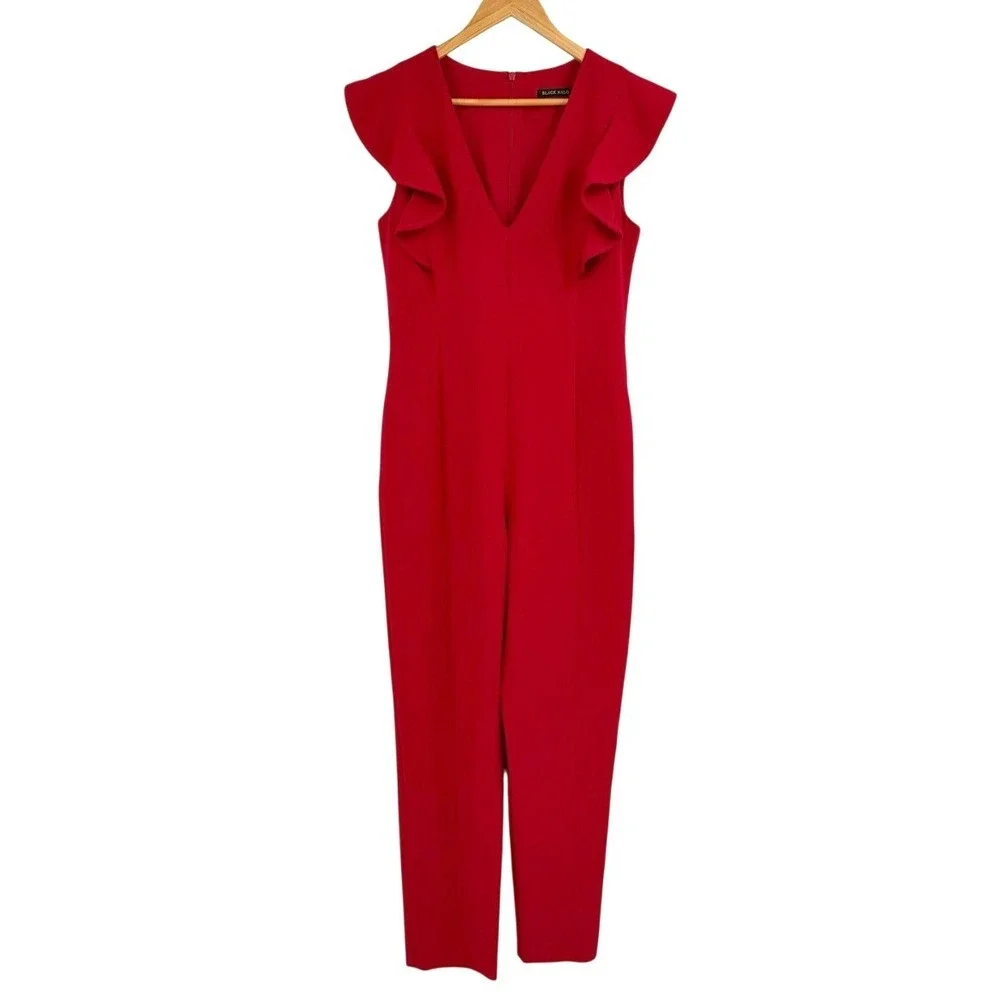 Black Halo Womens Size 8 Jumpsuit Red Ruffle Shoulder Formal Cocktail City Sleek